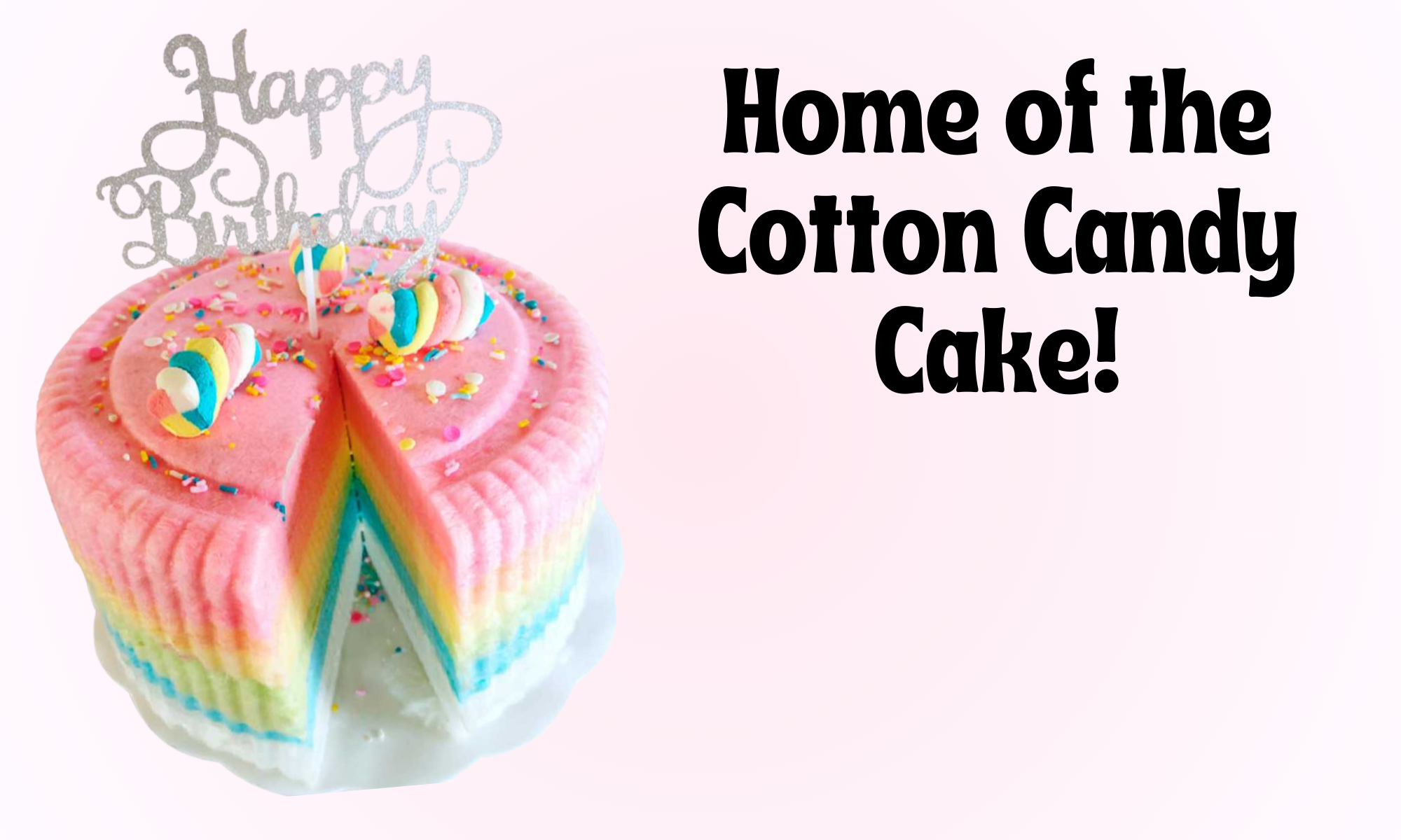 Home of the cotton candy cake! Floof cotton candy cakes are no match for cotton candy cake shop! This is the best way to serve cotton candy at your birthday party or event, without the hassle of a messy cotton candy machine! 